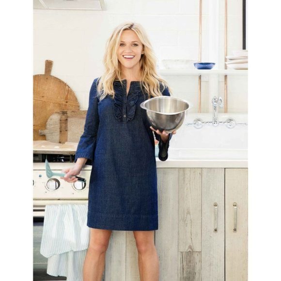 Draper James Dresses & Skirts - DRAPER JAMES Dark Wash Chambray Ruffle Shift Dress sz 0 Women's Indigo Denim